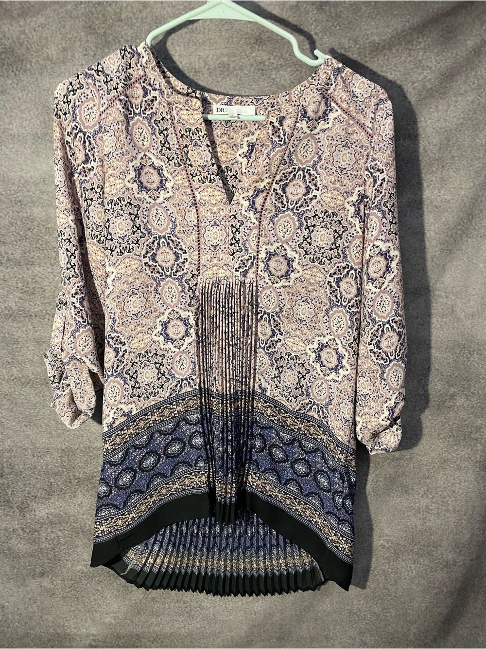 DR2 Womens Small Top Blouse Boho Paisley Floral Pleated Hi-Low Roll Tab Sleeve⁠